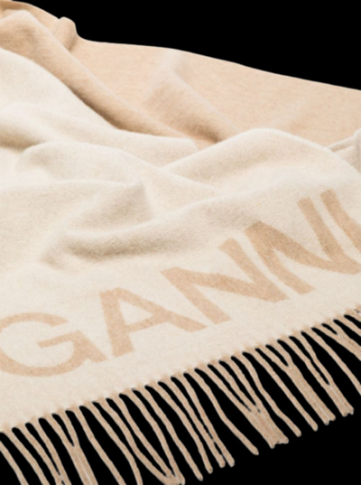 Shop Ganni Beige Wool Scarf With Logo In White