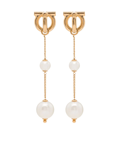 Ferragamo Double Pearl Gancini Pendant Earrings In Gold
