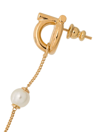 Ferragamo Double Pearl Gancini Pendant Earrings In Gold