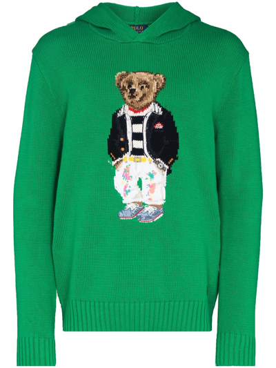 Polo Ralph Lauren Cotton Polo Bear Intarsia Knit Regular Fit Hooded Sweater  In Green | ModeSens