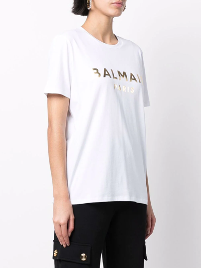Shop Balmain Foiled Logo-print Cotton T-shirt In White
