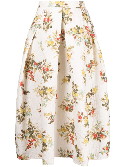 Shop Erdem Ina Floral Print Pleated Midi Skirt In White