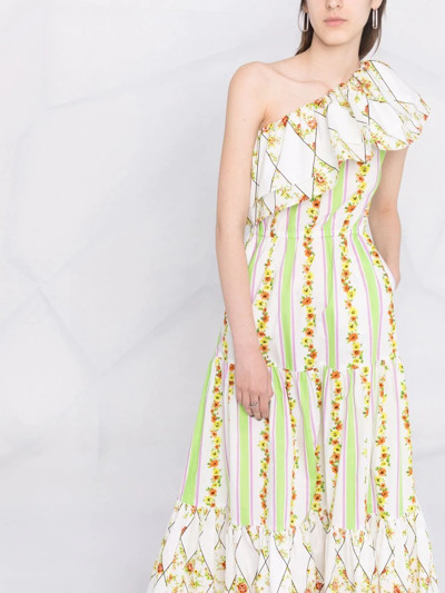 Shop Msgm Floral Striped One-shoulder Dress In White
