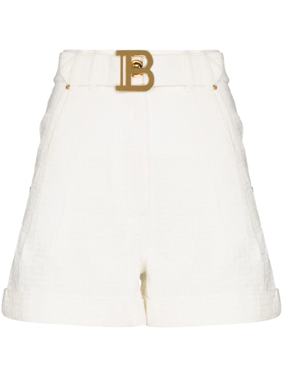 Shop Balmain Monogram-jacquard Cotton Shorts In Weiss