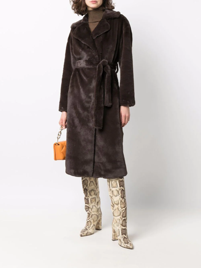 Herno Belted Faux Fur Coat In Braun