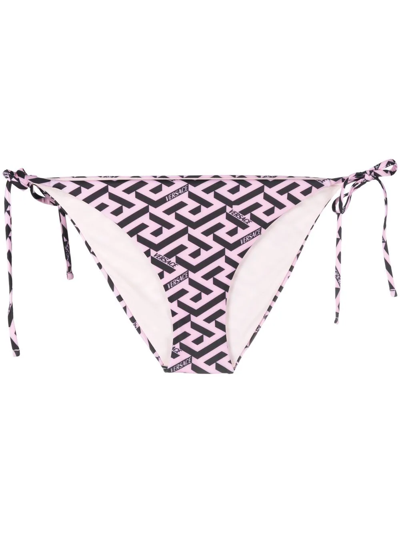 Shop Versace Greca-print Side-tie Bikini Bottom In Rosa