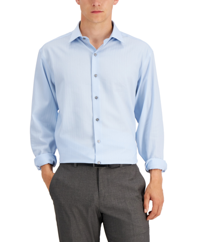 Shop Alfani Men's Regular Fit 2-way Stretch Herringbone Dress Shirt, Created For Macy's In White Lt Blue
