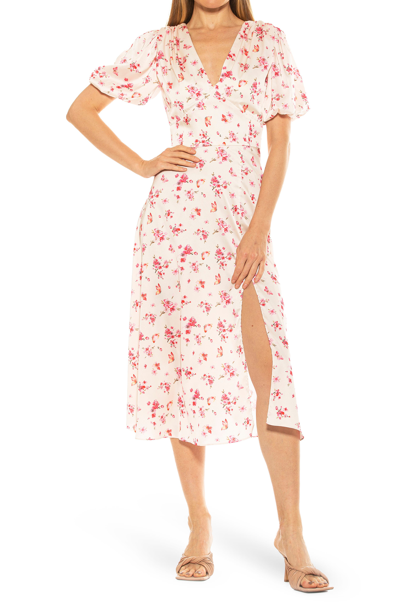 Shop Alexia Admor V-neck Puff Sleeve Midi Dress In Ditzy Ivory Floral