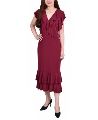 Shop Ny Collection Petite Flutter Sleeve Ruffle Midi Dress In Deep Burgundy