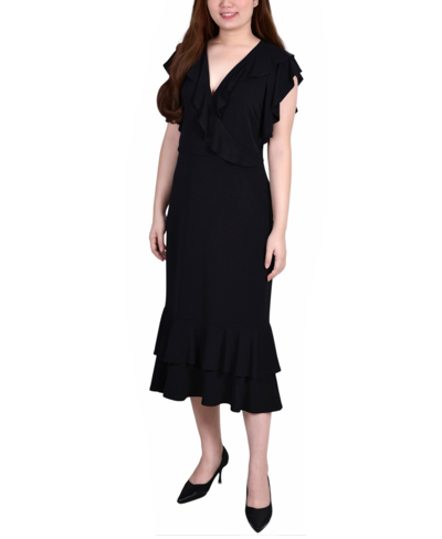 Ny Collection Petite Flutter Sleeve Ruffle Midi Dress In Black