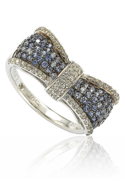 Shop Suzy Levian Two-tone 18k Gold Plated Sterling Silver Sapphire & Diamond Bow Ring In Blue