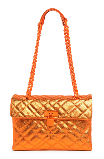 Shop Kurt Geiger Brixton Lock Metallic Leather Shoulder Bag In Orange