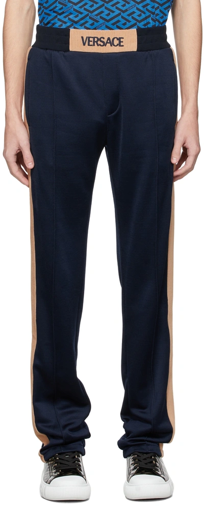 Shop Versace Navy Rib Knit Sweatpants In 2u850 Navy+beige
