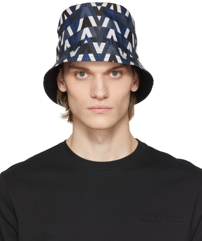 Shop Valentino Reversible Blue Optical Bucket Hat In As Sample/nero