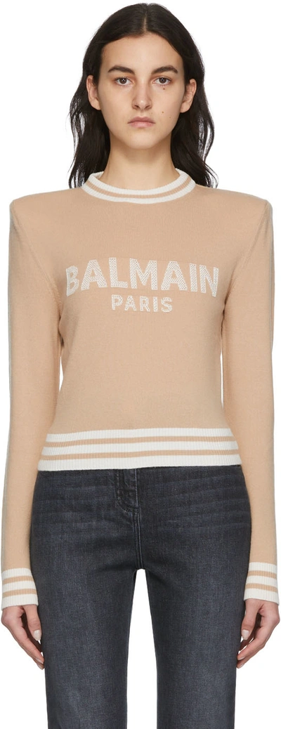 Shop Balmain Beige Wool & Cashmere Cropped Sweater In Ggi Sable/naturel