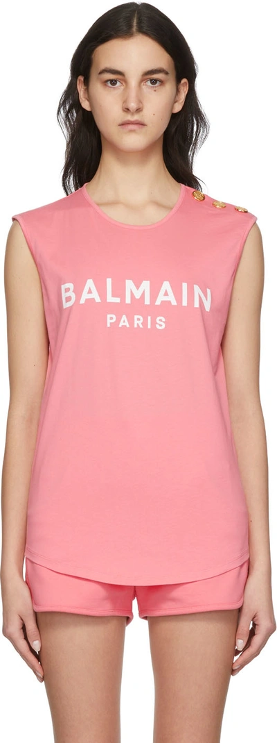 Shop Balmain Pink & White Three-button Logo Tank Top In Oco Rose Saumon/blan