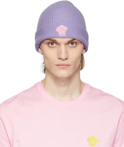 Shop Versace Purple Embroidered Medusa Beanie In 1l720 Orchi