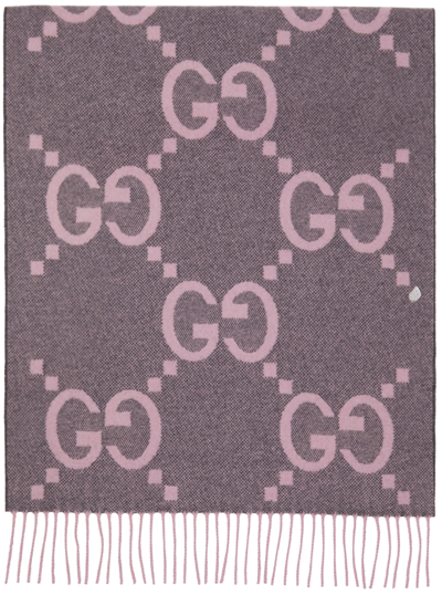 Shop Gucci Grey & Pink Cashmere Jacquard Gg Scarf In 1272 Graphite/pink