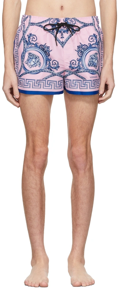 Shop Versace Pink & Blue 'la Coupe Des Dieux' Swim Shorts In 5p120 Rosa+blu