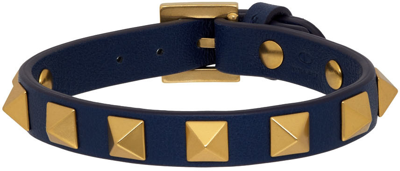 Shop Valentino Navy Leather Studded Bracelet In Ocean