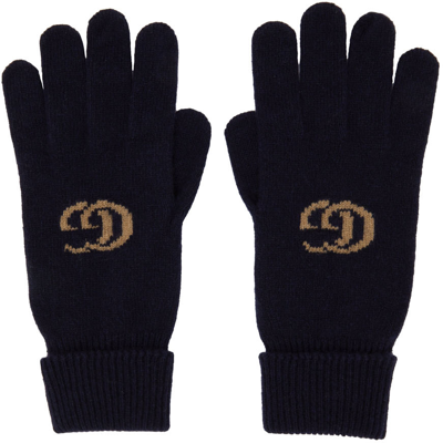 Shop Gucci Navy Cashmere Gg Gloves In 4179 Navy/beige
