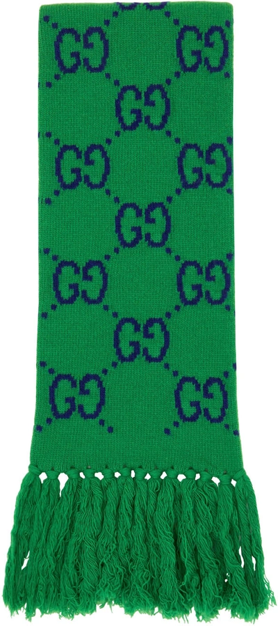 Shop Gucci Green & Blue Wool Jacquard Gg Scarf In 3168 Green/blue