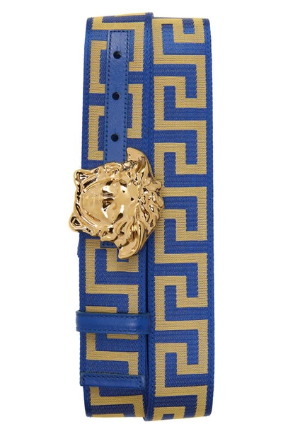 Shop Versace First Line La Medusa La Greca Web Belt In Blue/ Gold