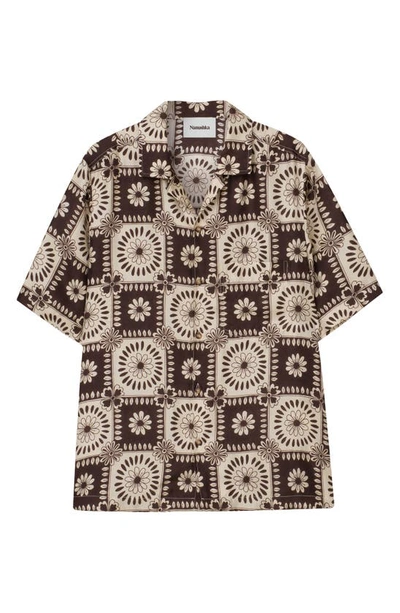 Shop Nanushka Bodil Short Sleeve Silk Button-up Camp Shirt In Brown Tile Print