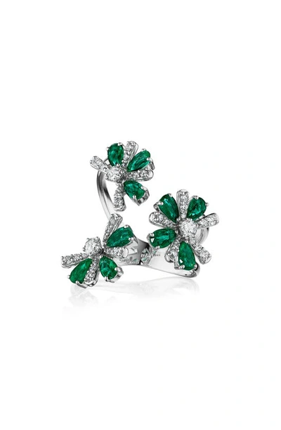 Shop Hueb Botanica Emerald & Diamond Open Ring In White Gold