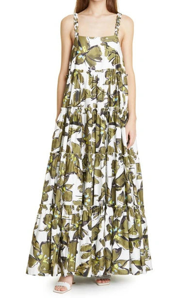Shop Aje Oasis Horizon Floral Tiered Cotton Maxi Sundress In Horizon Olive Floral