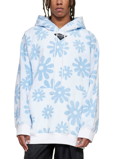 Shop Prada Flower Print Drawstring Hoodie In Blue