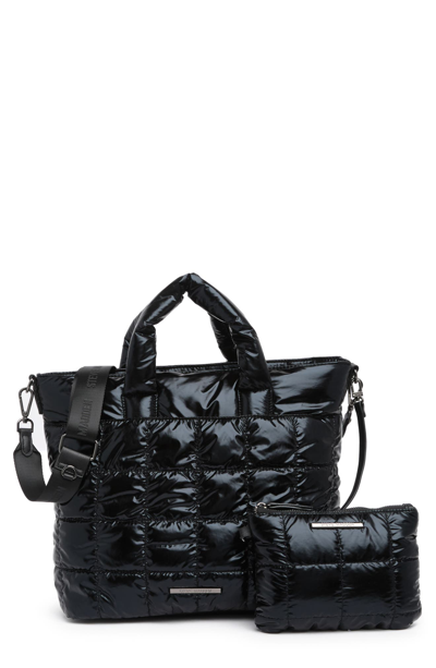 Shop Steve Madden Bernie Nylon Quilted Tote Bag With Pouch In Shiny Black