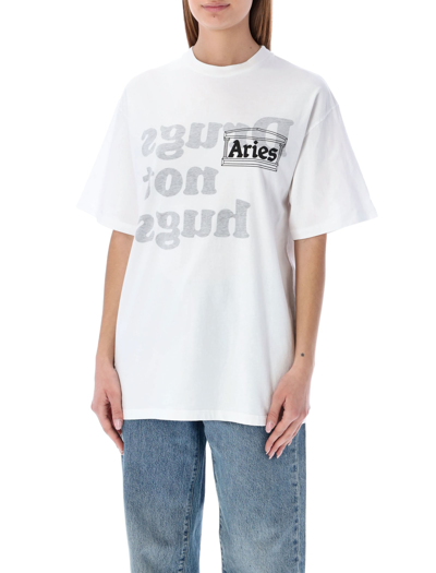 Shop Aries Unisex Drugs Not Hugs Logo-graphic Print T-shirt In White