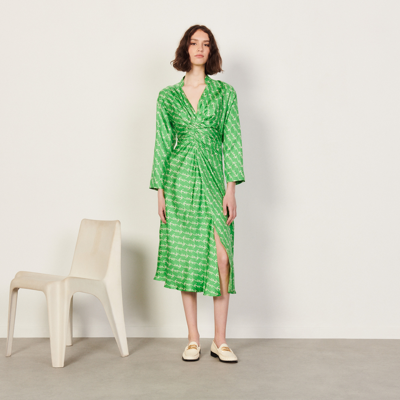 Sandro Eliana Anchor-print Draped Silk Midi Dress In Green/white | ModeSens