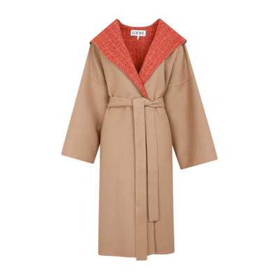 Shop Loewe Anagram Belted Hooded Coat In Brown