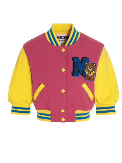 Shop Moschino Teddy Patch Cropped Bomber Jacket In Multi