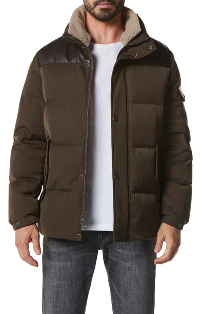 Shop Andrew Marc Ainsworth Down Puffer Jacket With Genuine Shearling Trim In Jungle