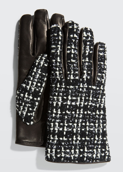 Shop Saint Laurent Checkered Tweed & Leather Gloves In Black/ivory