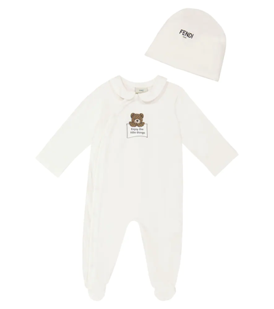 Fendi Baby Stretch-cotton Onesie And Hat Set In White | ModeSens