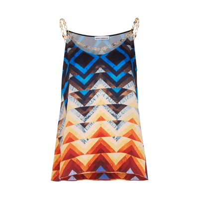 Shop Paco Rabanne Printed Chain-embellished Satin Top In Multicoloured