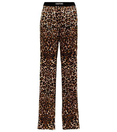 Shop Tom Ford Leopard-print Silk-blend Straight Pants In Black & Beige