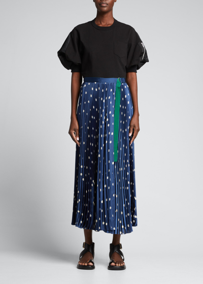 Shop Sacai Polka Dot-print Pleated Maxi Skirt W/ Belt In Blue