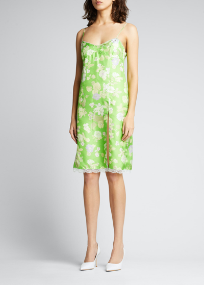 Shop Meryll Rogge Floral-print Silk Lace-trim Slip Dress In Apple Green