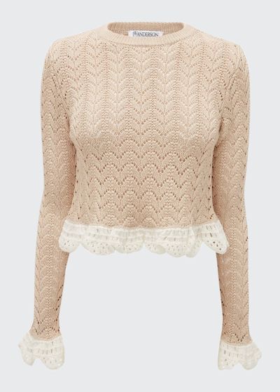 Shop Jw Anderson Ruffle Scalloped Pointelle Crop Top In Off White/beige