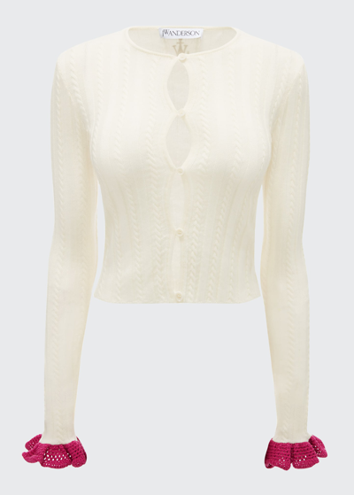 Shop Jw Anderson Frill-cuff Fitted Wool Cardigan In Off White/pink