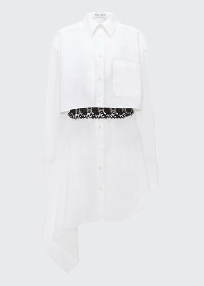 Shop Jw Anderson Lace Insert Poplin Shirtdress W/ Draped Panel In White/black