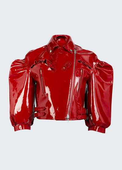 Shop Simone Rocha Puff-sleeve Crop Patent Leather Biker Jacket W/ Frill Bustier Detail In Blood