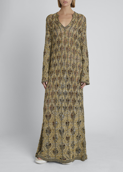 Shop Chloé Open Cable-knit Linen-silk Maxi Dress In Truly Yellow
