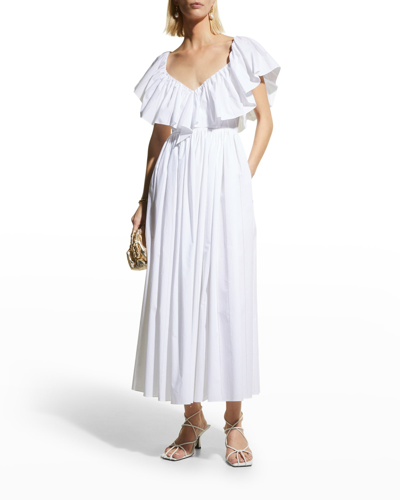 Shop Adam Lippes Ruffle-sleeve Laser-cut Poplin Maxi Dress In White