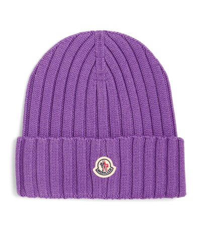 Shop Moncler Wool Ribbed Logo Beanie In Purple